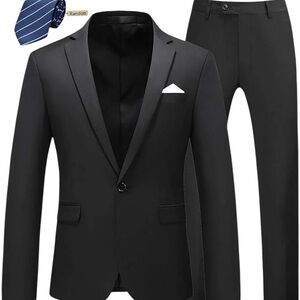 Mogu Men's 2 Piece Suit Jacket and Pants Set Black, Suit size 38, Pants size 34